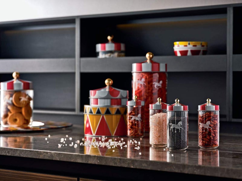 ALESSI Circus, Set of two spice jars in silk-screen glass with hermetic lid in tinplate. - Image 2